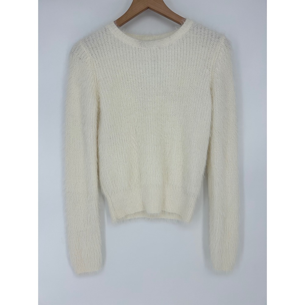 "NWT" Zara Fuzzy Faux Fur Cable Knit Crop Sweater Cream Crewneck Size Large